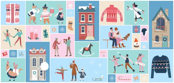 セーターや暖かい服の漫画の人間や動物のキャラクターは スケートやスキーに行き 正方形のコラージュの背景にギフトボックスを与えます 人々は冬の休日を祝うワイドセットベクトルイラスト — ストックベクタ