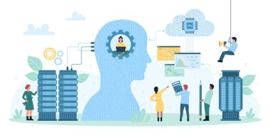 Yapay zeka ve makine vektör illüstrasyonunu öğreniyor. Çizgi filmlerdeki küçük insanlar algoritma ve kodlarla çalışırlar, bilgisayar ve yapay beyin arasındaki sinirsel devreler soyut insan kafasında, hesaplama yenilikleri