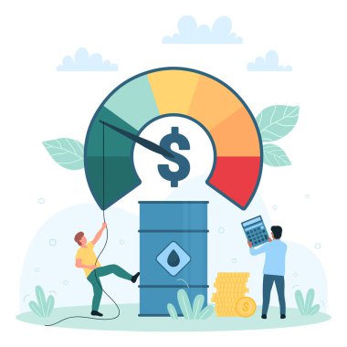 Oil price growth and management vector illustration. Cartoon tiny people pull indicator arrow down with rope, reduce with efforts barrel high cost and increase financial profit, global oil marketing clipart