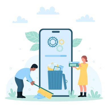 Akıllı telefon vektör çizimi için temizlik hizmeti. Çizgi filmlerdeki küçük insanlar çöp dosyalarındaki cep telefonu hafızalarını, spam bültenlerini ve e-postaları, süpürge ve veri dizinlerini tutan kadın ve erkekleri temizler.