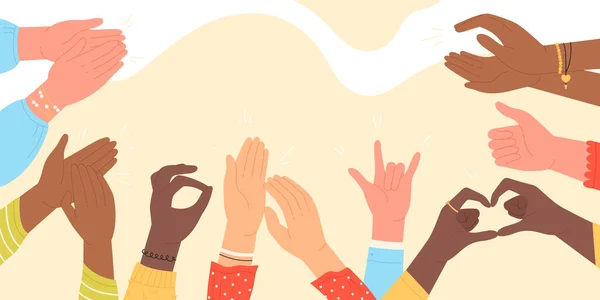 Руки Людей Хлопают Аплодируют Векторной Иллюстрации Мультфильм Счастливого Многокультурного Человеческого — стоковый вектор