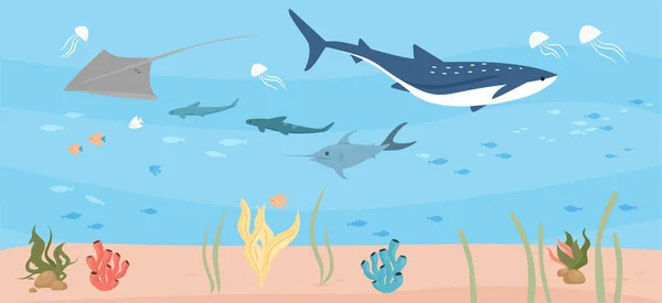 Ocean Podwodny Świat Koralowcami Rafami Wektorami Ryb Ilustracji Tle Morza — Wektor stockowy