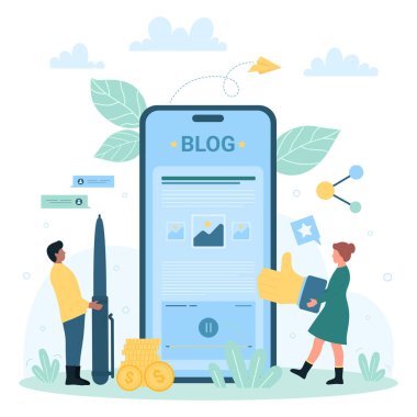 Sponsorlu blog yazma, web sitesi monetizasyon vektör illüstrasyonu. Çizgi film küçük takipçisi, elinde baş parmak, blog içeriğini cep telefonu ekranında geliştirmek ve paraya çevirmek için blog yazarı, çevrimiçi para kazanmak