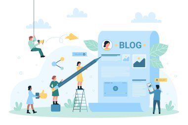 Yaratıcı blog yazısı, içerik oluşturma vektörü illüstrasyonu. Çizgi film küçük insanlar sosyal medya için resim ve video ile makale, blog yazarı hikaye anlatımı ve kağıt üzerinde kalem ile yazı oluşturur