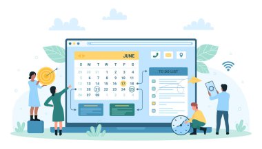 Etkili zaman yönetimi vektör çizimi. Çizgi filmlerdeki küçük insanlar takvim uygulaması ayarları ve dizüstü bilgisayar ekranında liste yapmak için çalışıyorlar. Yöneticiler şirket toplantıları, iş eğitimi etkinlikleri planlıyorlar.