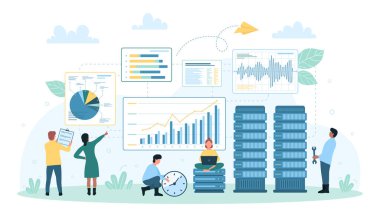 Gösterge panelindeki iş veri analizi, analitik vektör çizimi. Çizgi filmlerdeki küçük insanlar finansal grafikleri ve grafikleri, pazarlama raporunu, araştırma ve kontrol dijital istatistiklerini yazılımla izliyor.