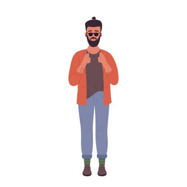 Hippi adam el hareketi yapıyor. Güneş gözlüğü çizimi olan şık bir çocuk.