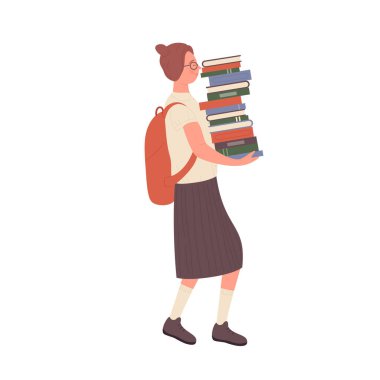 Kitap yığını taşıyan inek kız. Çalışma materyali vektör illüstrasyonu olan inek bir kız öğrenci.