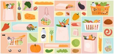 Çizgi film sağlıklı meyve ve sebzeler, perakende mağazasından sepet ve alışveriş arabaları, kağıt torbalar, geometrik kolaj arka planında gıda ürünleri. Bakkal kümesi vektör illüstrasyonu.