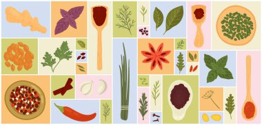 Çizgi filmlerdeki kuru ve taze bitkiler, tahta kaşığın ya da barutun en üst görüntüsü, geometrik kolaj arka planındaki tüm tohumlar. Bitkiler, baharatlar, baharatlar ve besin malzemeleri vektör illüstrasyonunu ayarlar.