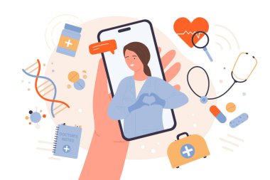 Çevrimiçi tıbbi servis, teletıp vektör çizimi. Çizgi film hastaları cep telefonu uygulamalı akıllı telefon, üniformalı komik bayan doktor cep telefonu ekranında kalp hareketi gösteriyor.