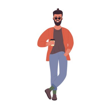 Hazır kahveyle hippi adam. Havalı yakışıklı çocuk, şık genç vektör çizimi