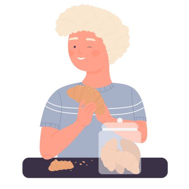 Küçük çocuk kruvasan yiyor. Hamur işi yemekler, sabah kahvaltısı atıştırmalık vektör çizimleri.