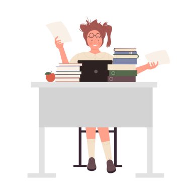 Bilgisayar okuyan inek kız. İnek genç, kitap vektörü çizimleriyle masada oturuyor.