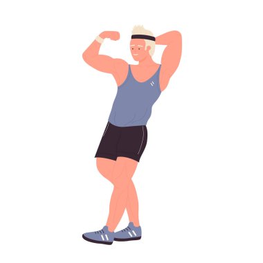 Erkek antrenör kaslarını gösteriyor. Kas sporu koçu, fitness programı vektör illüstrasyonu