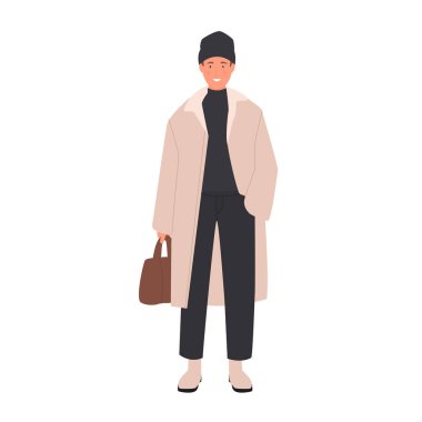 Gülümseyen adamda günlük kışlık kıyafetler. Sıcak moda kıyafeti, uzun yağmurluk vektör çizimi.
