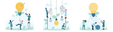 Basit fikir ve çözüm, beyin fırtınası vektör illüstrasyonunu ayarladı. Çizgi filmdeki küçük insanlar, kabloların karmaşasını ampullerle çözer, karmaşık problemleri çözer, cevapları bulur ve yaratıcı seçimler yapar.