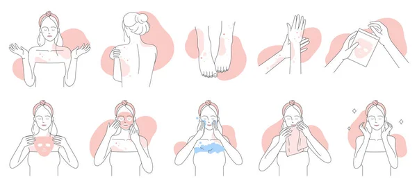 Аллергия Симптомы Иконки Линий Лечения Устанавливают Векторную Иллюстрацию Ручной Рисунок — стоковый вектор