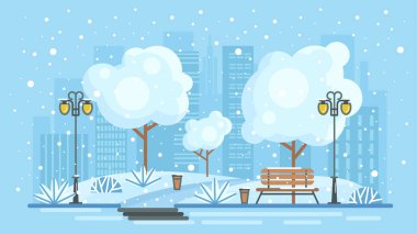 Winter snowy landscape of city vector illustration. Cartoon blue cityscape with snow and ice on street and trees of park, bench and lantern on urban road, snowflakes falling on buildings of town