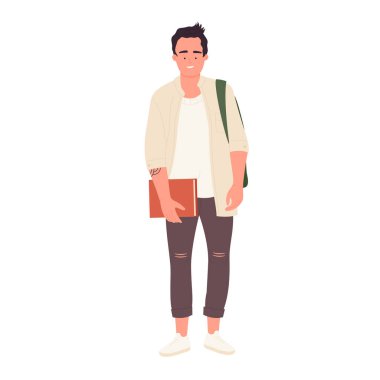 Smiling student with study book. Pupil with learning material, school backpack vector illustration