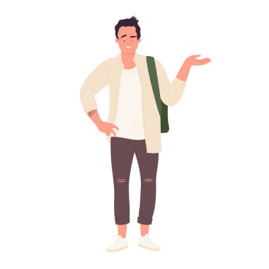 Standing student with presenting hand. Smiling school boy, pupil posing vector illustration
