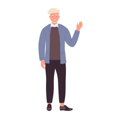 Teacher man with waving hand. School professor with greeting gesture vector illustration