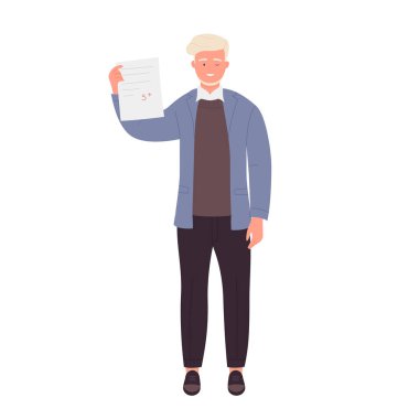 Teacher man shows exam results. Student report, school professor vector illustration