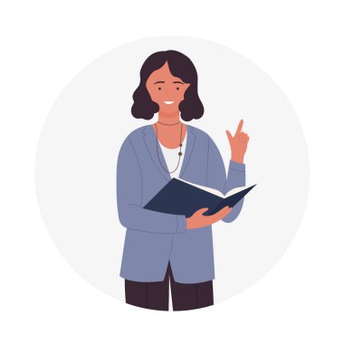 Teacher woman with open book. Teaching school professor vector illustration