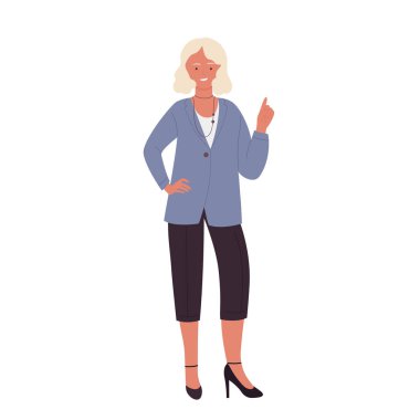 Woman teacher with pointing finger. Warning gesture, female professor vector illustration