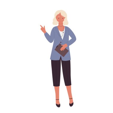 Woman professor with teaching gesture. Female teacher, school lecturer vector illustration