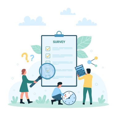 Survey research set vector illustration. Cartoon tiny people look through magnifying glass at questionnaire list with ticks of choices, assess answers on clipboard, check report in paper document