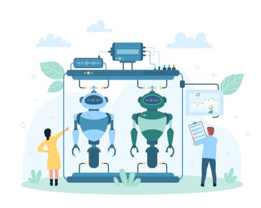 Robot programming, high tech industry vector illustration. Cartoon tiny engineers work with research electronic technology of AI brain, hardware and cyborgs in laboratory, future machine learning