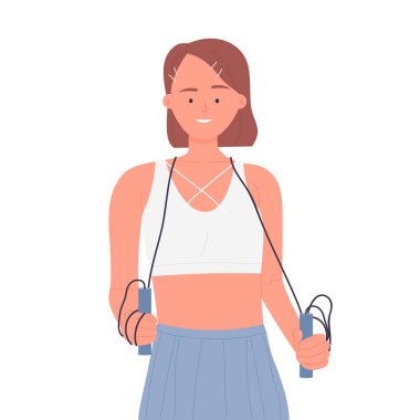 Sporty girl with jumping rope. Active healthy lifestyle, fitness training vector illustration