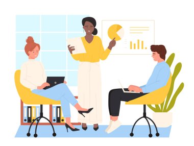 Business presentation in office vector illustration. Cartoon team of mentor and trainees training on board meeting, speaker presenting financial or marketing analysis to employees sitting with laptops