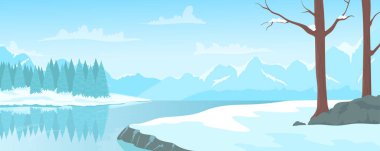 Winter landscape vector illustration. Cartoon scenery with mountain, forest and river, alpine travel destination
