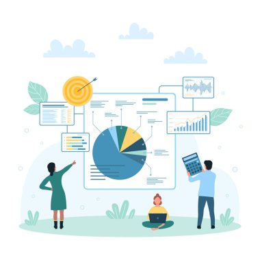 Borsa ticaret vektör illüstrasyonunun veri analizi. Çizgi filmlerdeki küçük insanlar grafikleri, şamdanları ve pasta grafiklerini torpido gözünde araştırıyor, tüccarlar göstergeleri ve indeksi bilgisini izliyor.