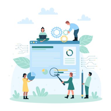 Veri araştırması ve finansal analitik vektör çizimi. Çizgi filmlerdeki küçük insanlar belgeleri büyüteçle inceler, borsa raporunu büyütür, dosya ve grafikleri analiz için loupe ile birlikte büyütür.