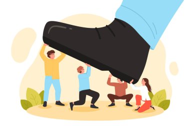 Giant foot step to crush team of business people vector illustration. Cartoon big shoe crushing tiny corporate employees, work of managers to resist pressure and conflict abuse of leaders stomp clipart