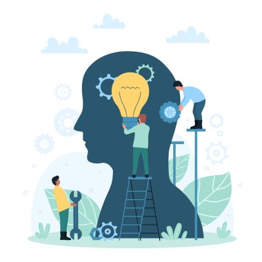 Creative idea, solution and discovery vector illustration. Cartoon tiny people holding bright light bulb and gear inside abstract silhouette of human head, brainstorm process of invention creation