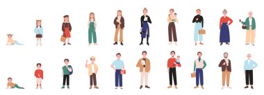 Human life cycle set vector illustration. Cartoon male and female characters of different ages, stages of growth and development process from child to teen, adult and old person, family generation