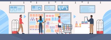 Self service in supermarket vector illustration. Cartoon store interior with people carry market trolley with grocery products, customers buy and pay for purchases at checkout automated kiosk clipart