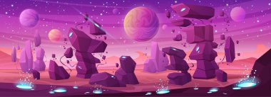 Magic landscape of alien planet in space vector illustration. Cartoon purple fantasy scene in alien cosmos with crystals and violet rocks on surface, stars and satellite in sky of fantastic background