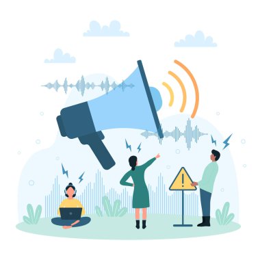 Noise pollution vector illustration. Cartoon tiny people suffering from loud sound and noisy spam of marketing announcement and speech, standing near big megaphone and exclamation mark symbol