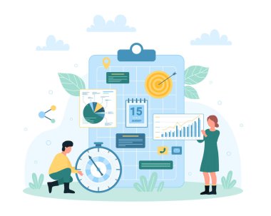 Time management with digital schedule vector illustration. Cartoon tiny people plan and control daily tasks with business meeting planner, check and organize events on board of calendar with notes