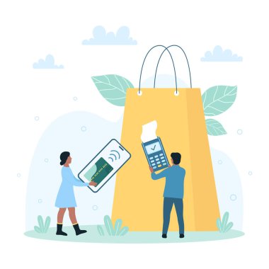 Contactless payment with PayPass technology vector illustration. Cartoon tiny people holding phone with credit card on screen and POS terminal to pay online in store for purchases in shopping bag