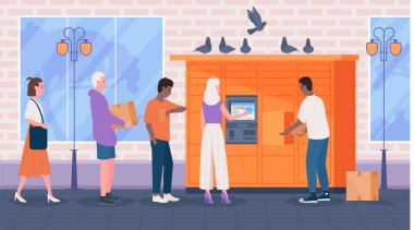 Self service in post office interior, queue to postomat vector illustration. Cartoon people standing in line at postal automat locker, customers waiting to receive store orders or send parcel boxes