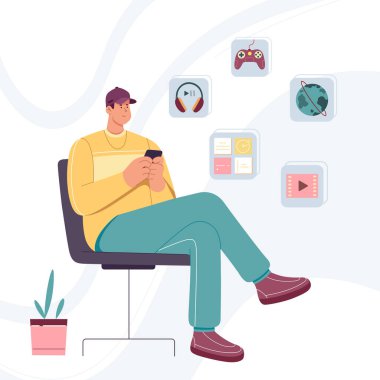 Man using online media services vector illustration. Cartoon young guy sitting in chair with mobile device and app icons above head, global usage of music, video and game content with smartphone