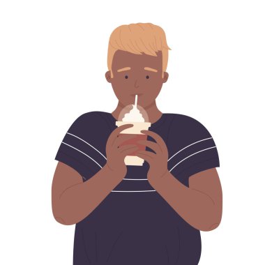 Boy drinking takeaway coffee. Street iced drinks, summer beverage vector illustration