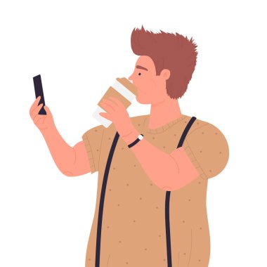 Boy drinking coffee and taking selfie. Takeaway cappuccino and coffee to go vector illustration