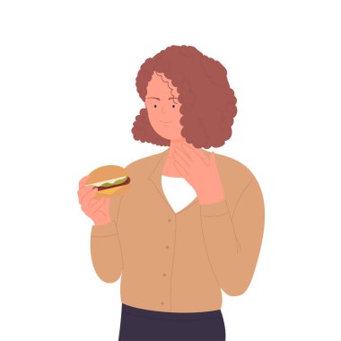 Woman eating hamburger. Fast food consumer, cheeseburger lover vector illustration